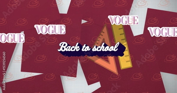 Fototapeta Featuring navy brush-stroke banner 'Back to school' on grid-paper backdrop, rulers and VOGUE stamps