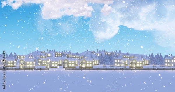 Obraz Row of wooden cottages glowing behind fence under pale moon at winter village, drifting snowflakes