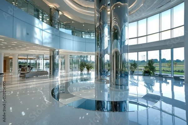 Fototapeta Interior view of a modern building with reflective columns and large windows providing natural light