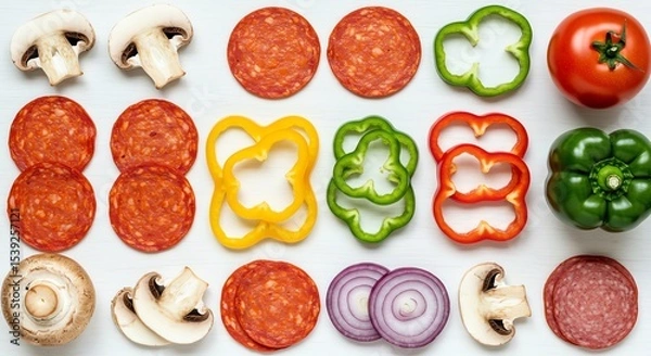 Obraz Pizza ingredients arranged on a white surface: pepperoni, peppers, mushrooms, tomato, and onion