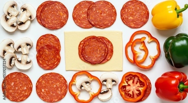 Obraz Pizza ingredients: Sliced pepperoni, mushrooms, peppers, and dough on a white background