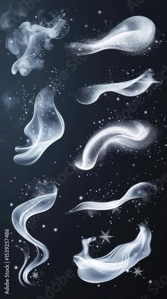 Fototapeta A collection of ethereal white smoke wisps and sparkling particles on a dark background design element