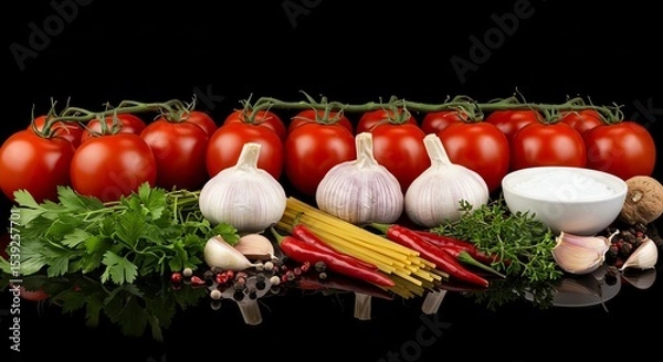 Obraz Italian Cuisine Ingredients: Tomatoes, Garlic, Pasta, Herbs, and Spices on Black Reflective Surface