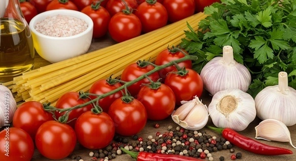 Obraz Italian Cuisine Ingredients: Fresh Tomatoes, Garlic, Pasta, Herbs, and Spices on Rustic Wood