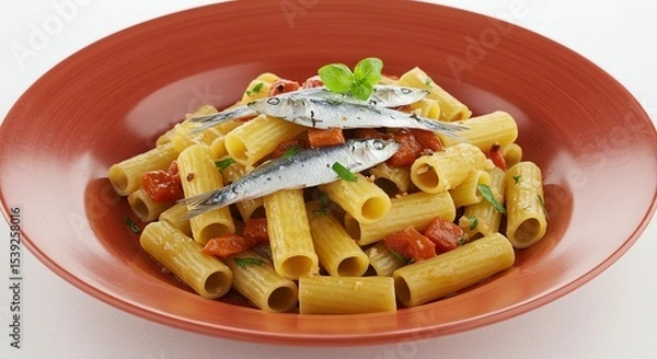 Obraz Rigatoni pasta with tomato sauce and fresh anchovies on a terracotta plate