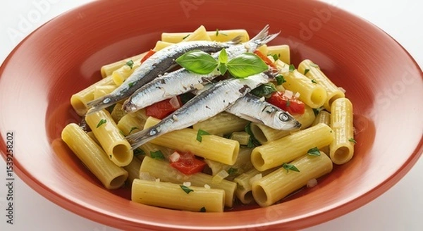 Obraz Rigatoni pasta with fresh anchovies, tomatoes, and basil in a terracotta bowl