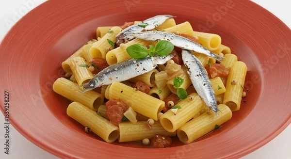 Obraz Rigatoni pasta with anchovies, tomatoes, and basil on a coral-colored plate
