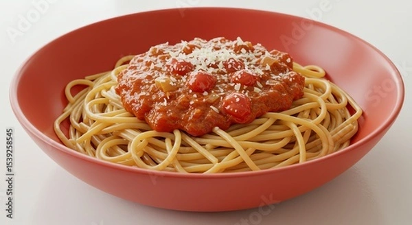 Obraz Spaghetti with Tomato Sauce and Parmesan in a Red Bowl, Close-Up View