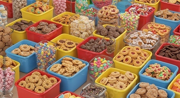 Fototapeta Colorful array of assorted cookies and candies in vibrant containers and glass jars