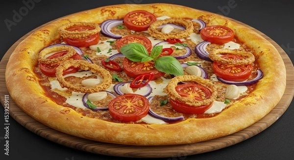 Obraz Gourmet Pizza with Tomato Towers, Onion Rings, and Fresh Basil on Wooden Board