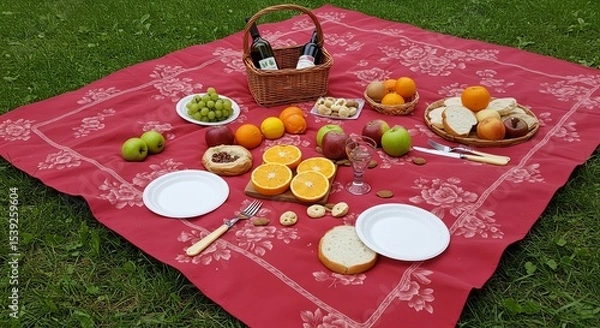 Obraz Picnic on floral blanket with wine, fruit, bread, and cookies in a grassy outdoor setting
