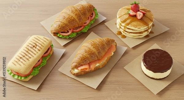 Obraz Assorted breakfast pastries and sandwiches on kraft paper, arranged on a wooden table