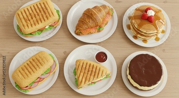 Obraz Assorted breakfast and lunch dishes on white plates, including sandwiches, croissant, pancakes, and cake