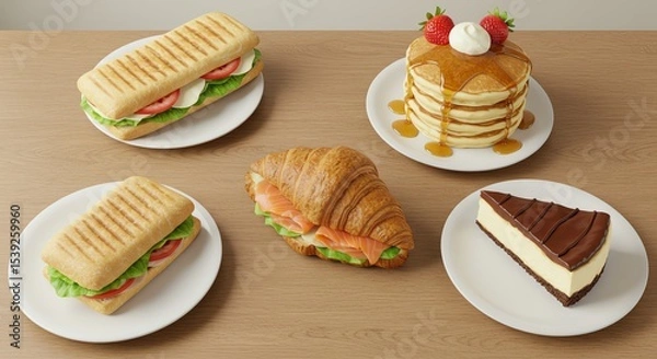 Obraz Assorted breakfast foods: Panini, croissant, pancakes, and cheesecake on a wooden table.