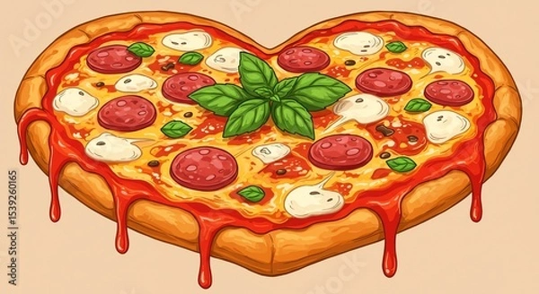 Obraz Heart-shaped pizza with pepperoni, mozzarella, basil, and dripping tomato sauce
