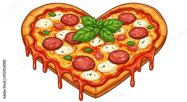 Obraz Heart-shaped pizza with pepperoni, mozzarella, basil, and dripping sauce