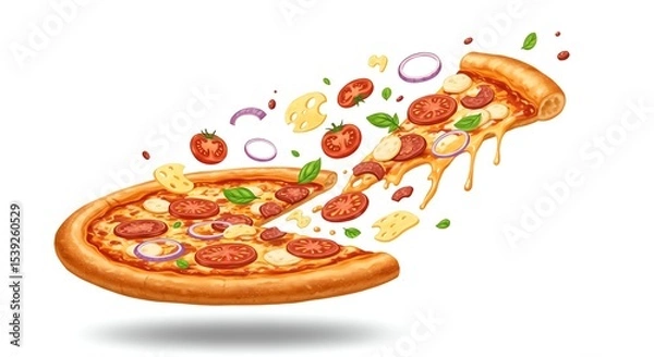Obraz Floating Pizza Slice with Dripping Cheese and Scattered Toppings on White