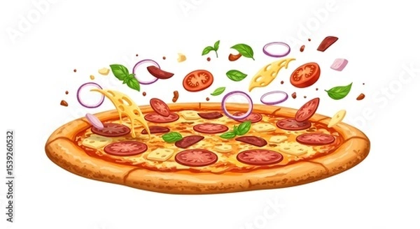 Obraz Delicious pizza with floating ingredients: cheese, tomato, onion, basil, and pepperoni