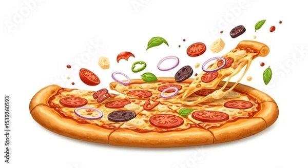 Obraz Delicious pizza with floating toppings on a clean white background, ready to eat