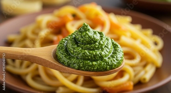 Obraz Vibrant Pesto Swirl on Wooden Spoon with Pasta Background