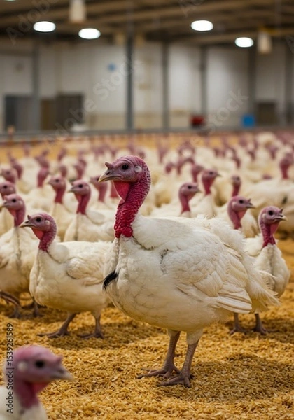 Obraz Indoor Turkey Farm: A Sea of White Feathers and Red Heads on Wood Shavings