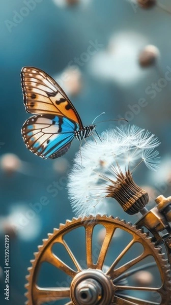 Fototapeta A butterfly resting on a dandelion seed head attached to a golden gear mechanism against a blue background
