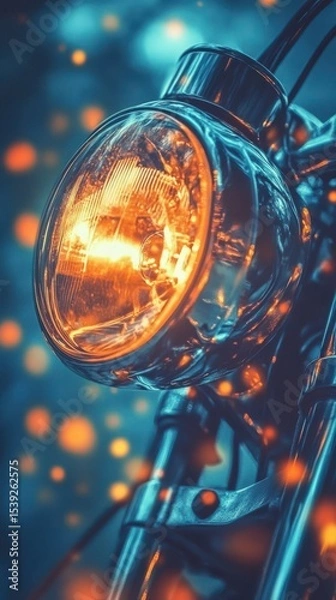 Fototapeta A close up shot of a motorcycle headlight illuminating with a bokeh background in the dark night
