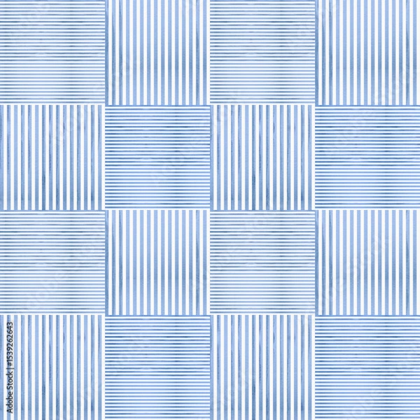 Fototapeta Seamless geometric pattern featuring alternating vertical and horizontal blue and white stripes. The patchwork-style composition for wrapping paper, fabric, wallpaper, and modern textile projects.