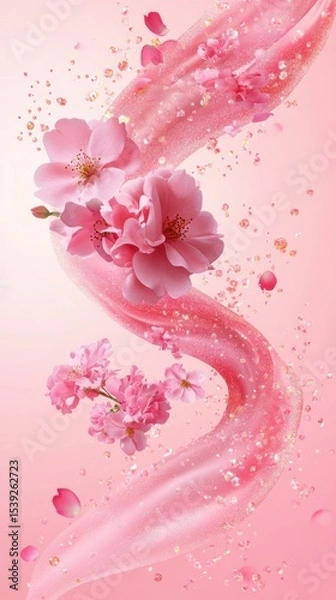 Fototapeta A gentle cascade of pink flowers and petals flowing on a soft pink background with glittery accents