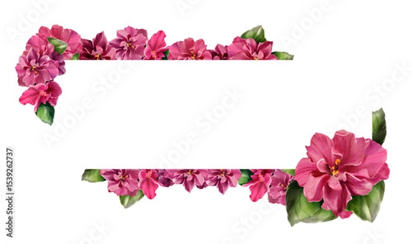 Fototapeta Elegant floral border frame with hand-painted pink violet flowers and green leaves on a white background. Suitable for wedding invitations, cards, print templates and romantic packaging.