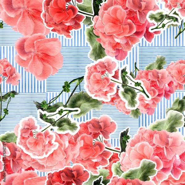 Fototapeta Seamless repeating pattern pink geranium flowers with white sticker outlines on a blue striped background. For scrapbooking, gift wrapping, textile design, digital papers, and decorative projects.