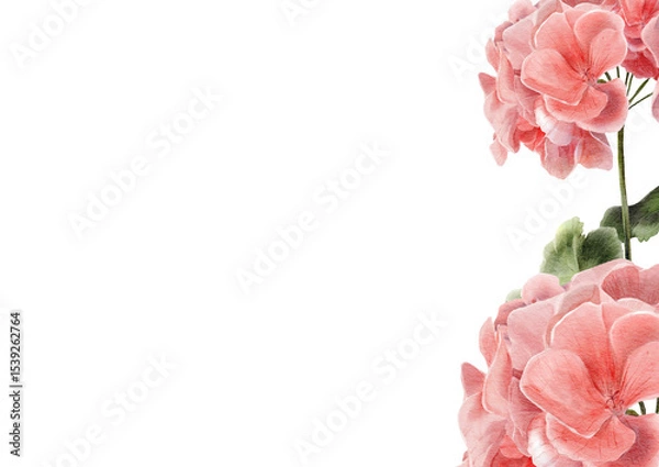 Fototapeta Vertical floral border with realistic pink geraniums on the right and blank space on the left. Ideal for scrapbooking, decoupage, packaging design, and backgrounds with text.