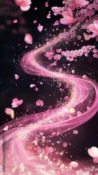 Fototapeta A pink ribbon of light with cherry blossoms and falling petals on a dark background illustration