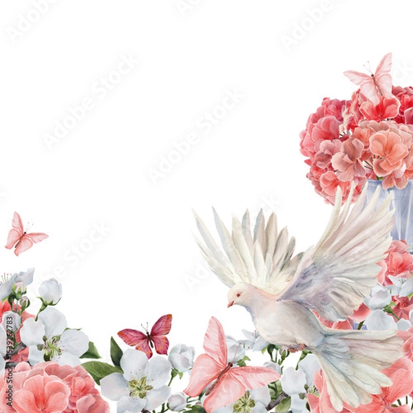 Fototapeta Delicate floral corner frame with a flying white dove, pink geranium flowers, apple blossoms, and butterflies on a white background. Perfect for greeting cards, spring-themed invitations, and labels.