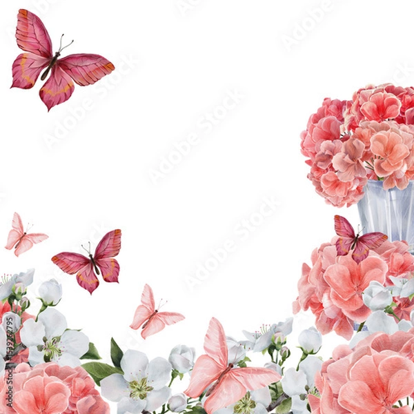 Fototapeta Floral corner border with pink geraniums in a vase, apple blossoms, and butterflies. The white background provides copy space. Suitable for scrapbooking, cards, and decoupage projects.