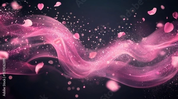 Fototapeta Abstract pink wave with scattered petals and sparkles against a dark background creating a dreamy effect