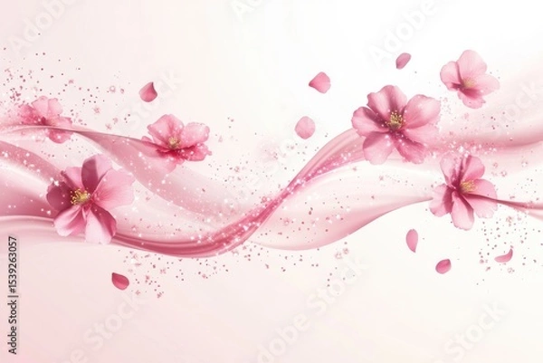 Fototapeta Pink blossoms and petals flowing with a pink ribbon and small bubbles on a light pink background