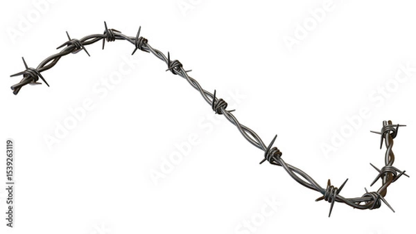 Obraz A piece of barbed wire angled across a black background in a close up studio shot with dark shadows on transparent background