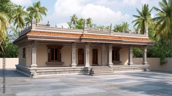 Fototapeta Exterior view of a traditional building with columns and palm trees in the background on a sunny day