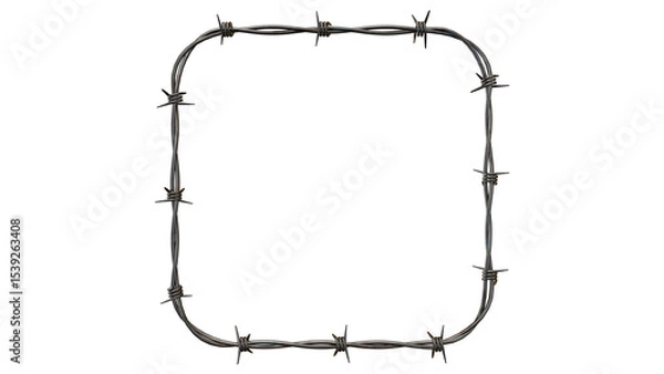 Obraz Square frame made of barbed wire on a black background with sharp metal points and twisted wire strands on transparent background