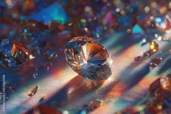 Fototapeta A close up shot of a collection of shiny diamonds scattered on a reflective surface with light effects