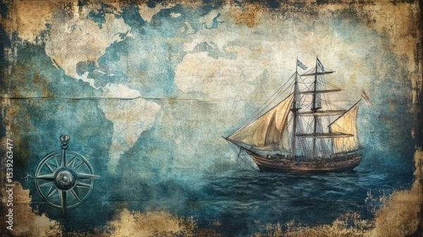 Fototapeta Antique map with sailing ship and compass. Aged parchment effect