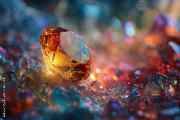 Fototapeta A close up of a large orange gemstone surrounded by smaller colorful gems and bokeh lights