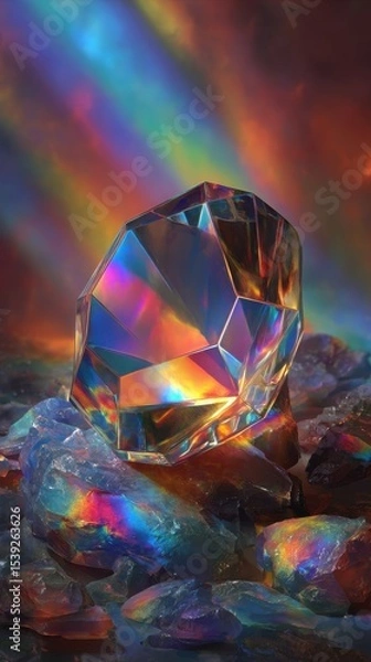 Fototapeta Iridescent crystal reflecting rainbow light sitting atop other colorful crystalline structures
