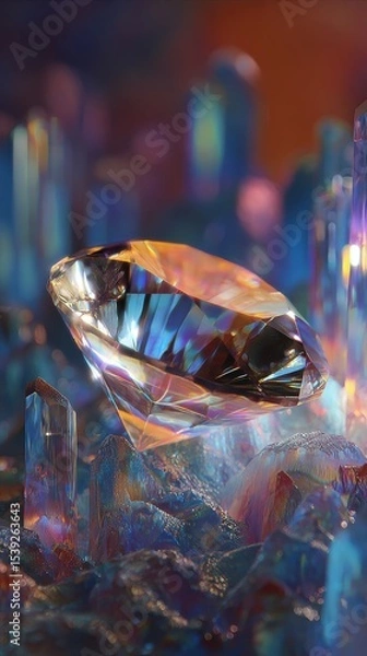 Fototapeta Close up shot of a large diamond with crystal formations and blurred city lights in the background
