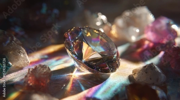 Fototapeta Close up of a diamond with rainbow light reflecting on it surrounded by other gems and crystals