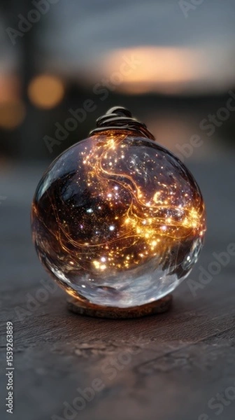 Fototapeta A glass orb filled with glowing lights and swirling lines sitting on a dark textured surface outside