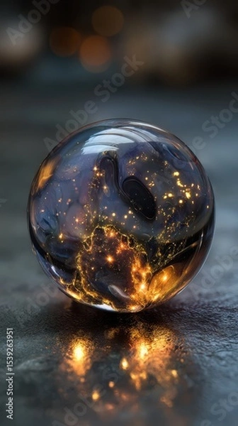 Fototapeta A captivating close up of a glass sphere with an intricate city landscape inside it with lights