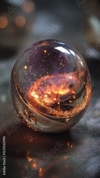 Fototapeta A mesmerizing glass orb containing a miniature galaxy and fiery nebula on a dark reflective surface
