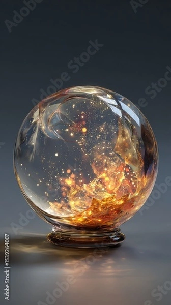 Fototapeta A clear glass orb containing golden abstract shapes and sparkling lights on a dark gray surface